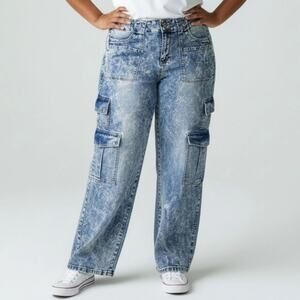 Blue Turtle Women's High Rise Wide Leg Cargo Jeans Blue Acid Wash NEW ~ Size 22